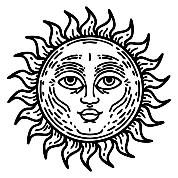 Tatuaje Estilo Línea Negra Sol Con Cara — Vector de stock