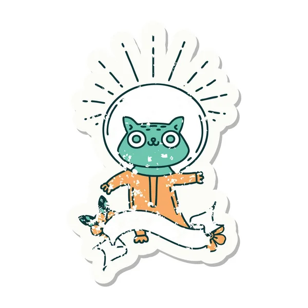 宇宙飛行士のスーツを着たタトゥー系猫の古いステッカー — ストックベクタ