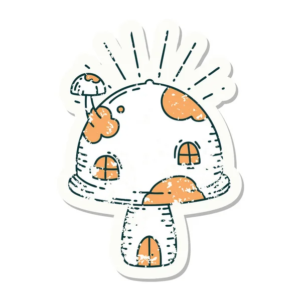 Worn Old Sticker Tattoo Style Toadstool House — Stock Vector