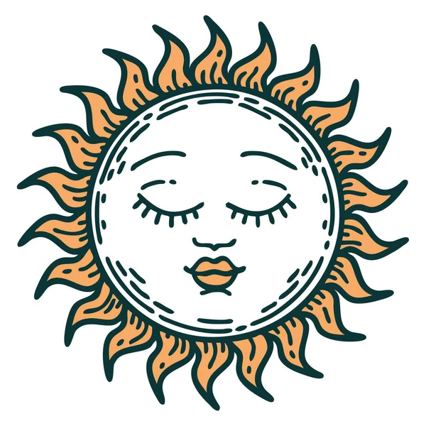Image Emblématique Style Tatouage Soleil — Image vectorielle