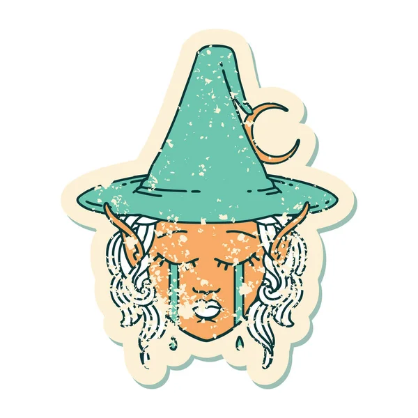 Retro Tattoo Style Crying Elf Mage Character Face — Stock Vector