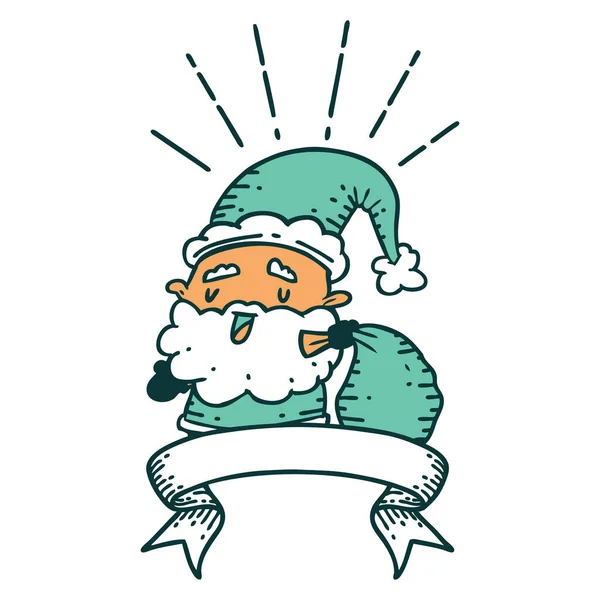 Прокрутка Банер Татуюванням Стиль Санта Клаус Різдвяний Персонаж Мішком — стоковий вектор