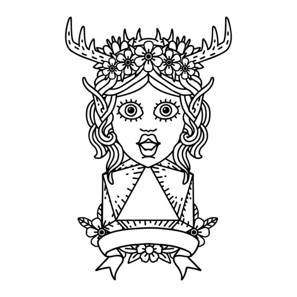 Blanco Negro Tatuaje Linework Estilo Elfo Druida Carácter Con Dados — Vector de stock