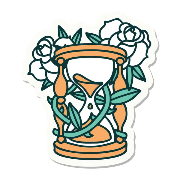 Pegatina Tatuaje Estilo Tradicional Una Hora Vidrio Flores — Vector de stock