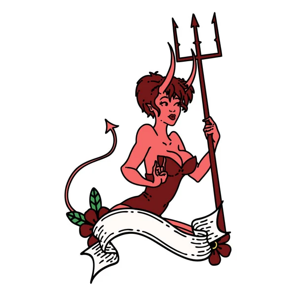 Tetoválás Hagyományos Stílus Egy Pinup Ördög Lány Banner — Stock Vector