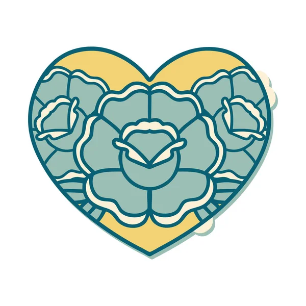 Sticker Tattoo Traditional Style Heart Flowers — Stock Vector