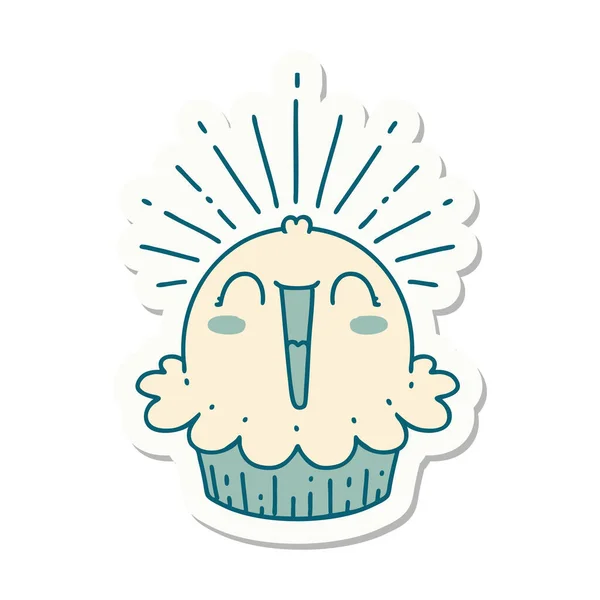 Aufkleber Tätowierstil Happy Singing Cupcake — Stockvektor