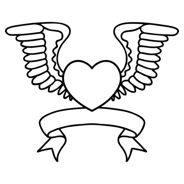 Tatuagem Linework Preto Tradicional Com Bandeira Coração Com Asas —  Vetores de Stock