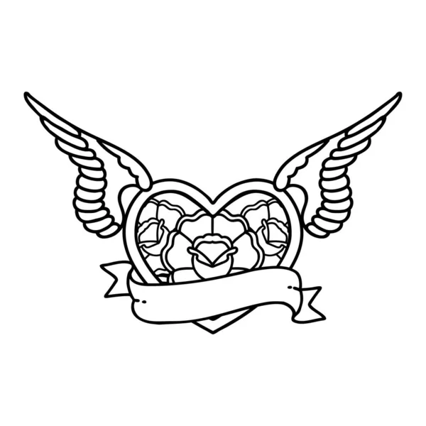 Татуировка Стиле Черной Линии Летающего Сердца Цветами Баннером — стоковый вектор