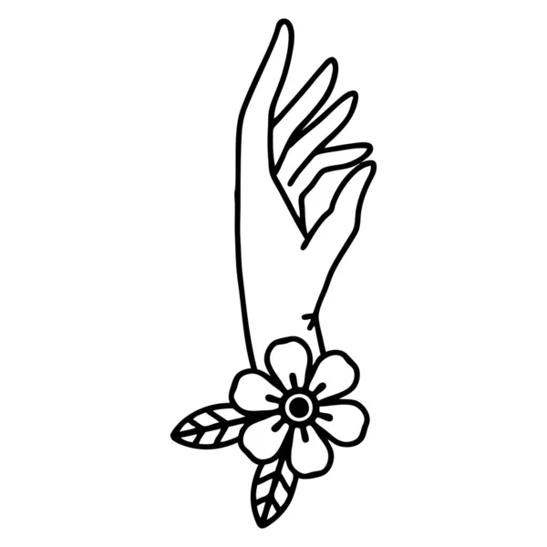 Tatuaje Estilo Línea Negra Una Mano Flor — Vector de stock