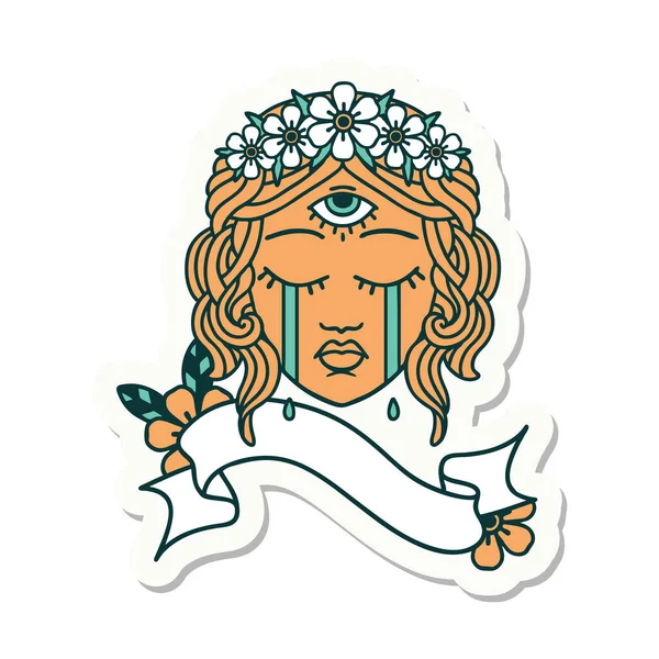 Tattoo Style Sticker Banner Female Face Mystic Third Eye Crying — Stock Vector