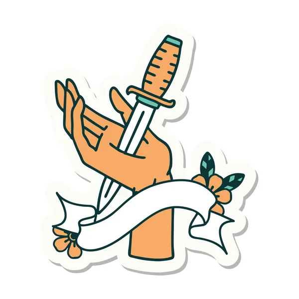 Autocollant Style Tatouage Avec Bannière Une Dague Dans Main — Image vectorielle