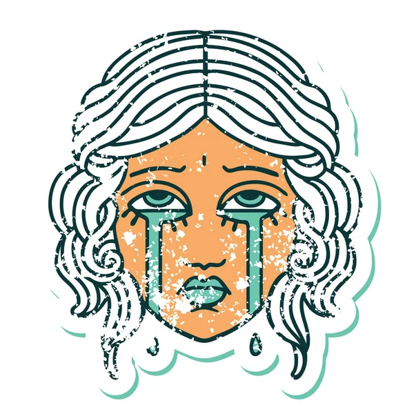 Iconic Distressed Sticker Tattoo Style Image Female Face Crying — Stock Vector