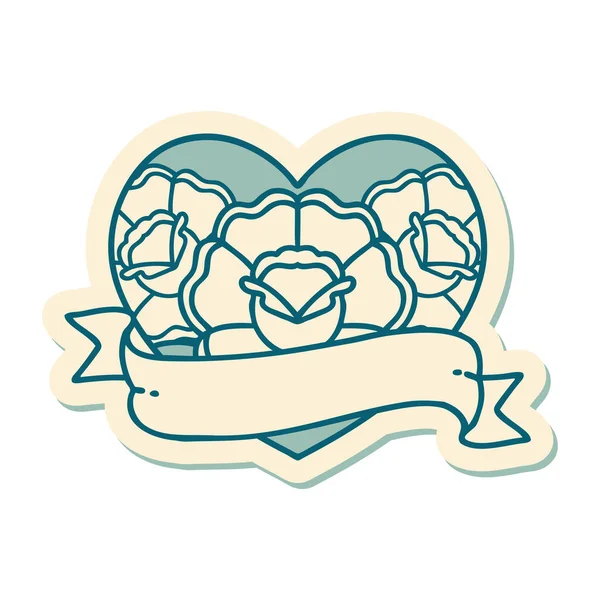 Autocollant Tatouage Dans Style Traditionnel Cœur Bannière Avec Des Fleurs — Image vectorielle