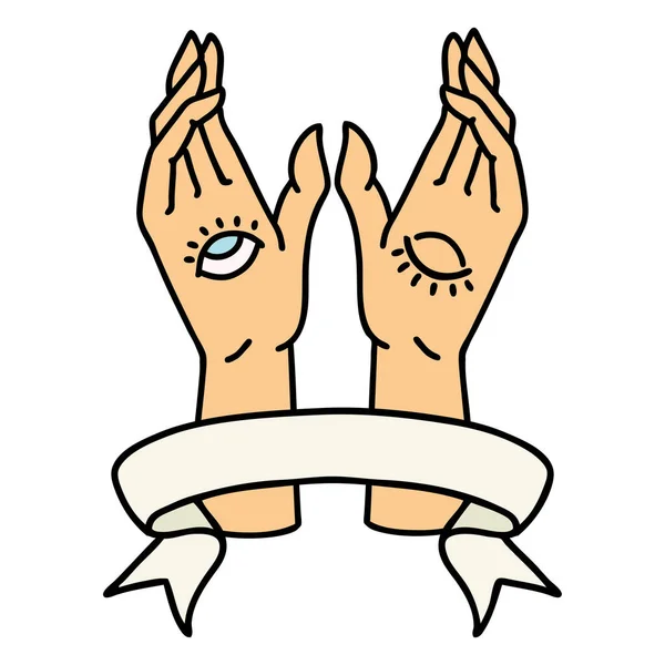 Tradycyjny Tatuaż Transparentem Mistycznych Dłoni — Wektor stockowy