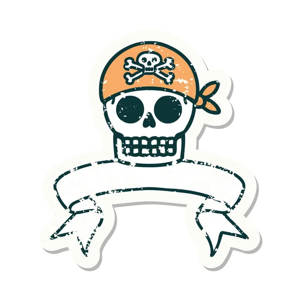 Worn Old Sticker Banner Pirate Skull — Stock Vector