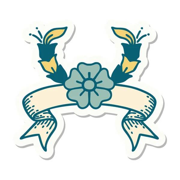 Autocollant Style Tatouage Avec Bannière Une Fleur Décorative — Image vectorielle