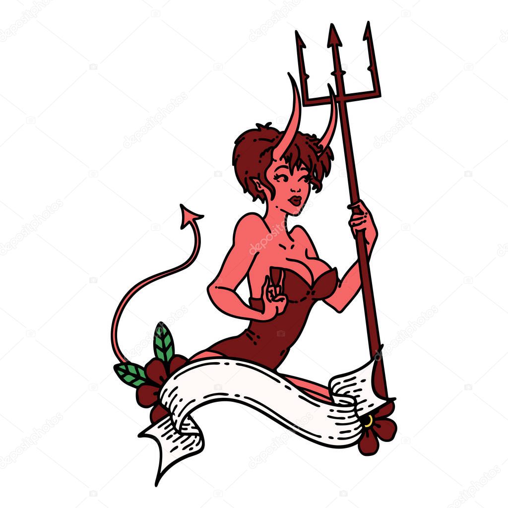 tattoo in traditional style of a pinup devil girl with banner
