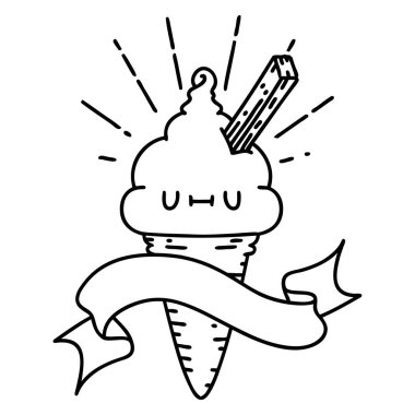 Siyah çizgili parşömen dövmeli dondurma karakteri