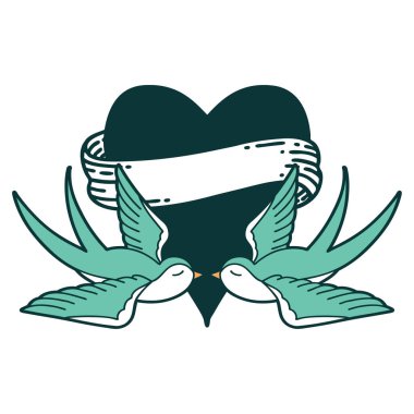 Kırlangıçların ikonik dövme şekli ve sancaklı bir kalp.