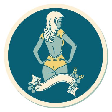 Geleneksel stil dövme çıkartması. Pankartlı mayo kızı.