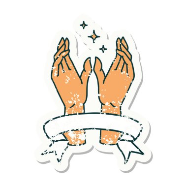 Elleri uzanan bayrağı olan eski bir etiket