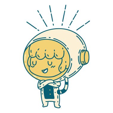 Astronot kıyafeti giymiş geleneksel dövme stili bir kadının çizimi