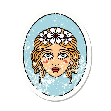 Saçında çiçekler olan bir bakirenin geleneksel stil dövmesi.