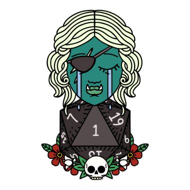 Retro Dövme Tarzı ağlayan yarı ork haydut karakter ve doğal D20 rulo