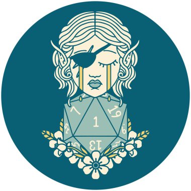 Retro Dövme Tarzı ağlayan elf haylaz karakter yüzü ve doğal bir D20 rulo