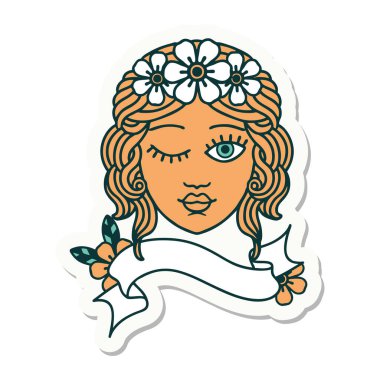 Dövme stili çıkartma. Yüzü yanıp sönen bakirelerin bayrağı.