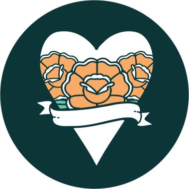 ikonik dövme stili bir kalp ve çiçekli pankart