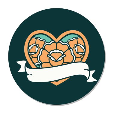 Geleneksel kalp stili dövme çıkartması ve çiçekli pankart.