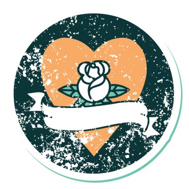 İkonik ıstıraplı dövme stili kalp gülü ve bayrağın görüntüsü 