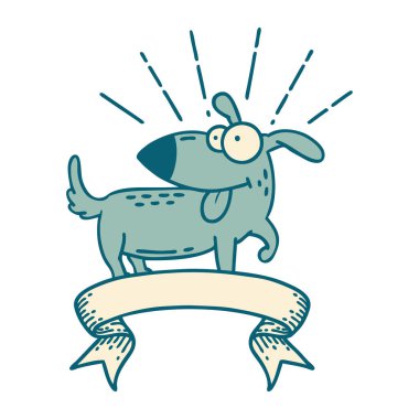 Dövme stili mutlu köpek dövmeli parşömen.