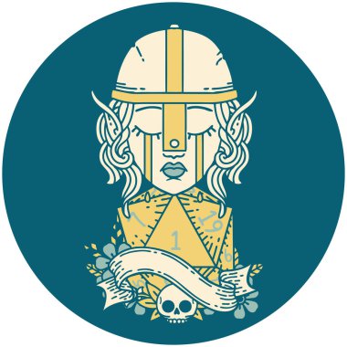 Retro Dövme Tarzı Ağlayan Elf Savaşçısı karakteri yüzü ve doğal bir D20 ruloyla