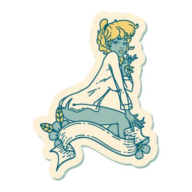 Dövme çıkartması. Geleneksel bir stil. Poster kızı pankartıyla gömlek giyiyor.