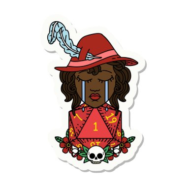 Ağlayan bir insan ozanın çıkartması ve doğal bir D20 zarları.