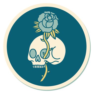 Geleneksel kafatası ve gül stili dövme çıkartması.