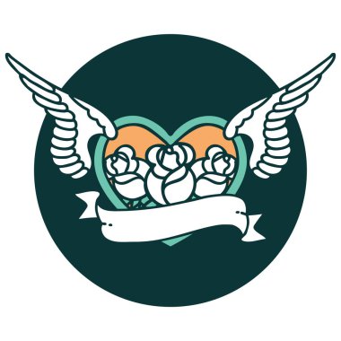 Çiçek ve bayrak taşıyan uçan bir kalbin ikonik dövme görüntüsü