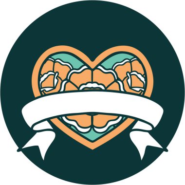 ikonik dövme stili bir kalp ve çiçekli pankart