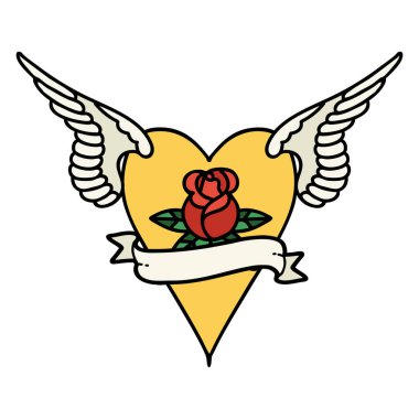 Geleneksel bir kalp dövmesi Çiçek ve bayrak ile uçan