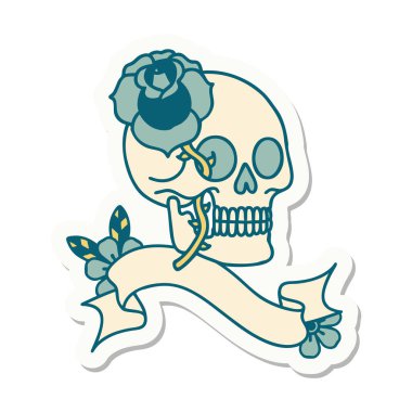 Kafatası ve gül pankartıyla dövme stili çıkartması