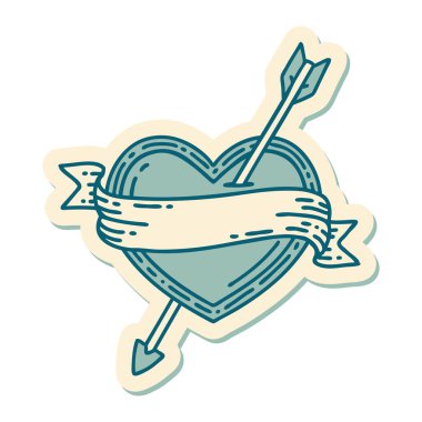 Oklu kalp ve pankartın geleneksel stiliyle dövme çıkartması