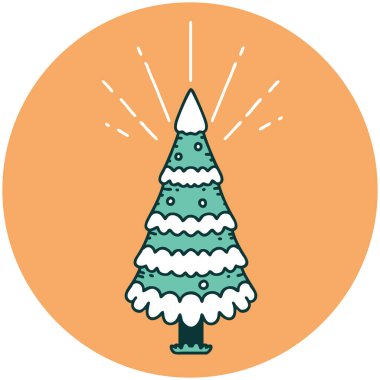 Dövme tarzı bir ikon. Çam ağacı karla kaplı.