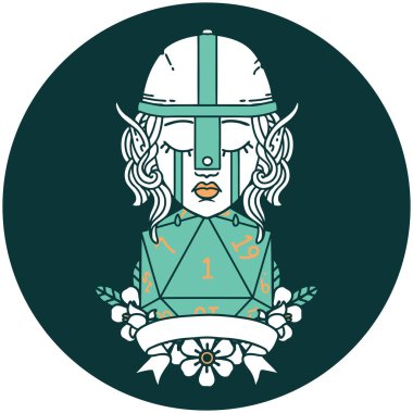 Ağlayan elf dövüşçüsü karakteri yüzü ve doğal bir D20 rulo.