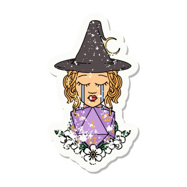 Ağlayan bir insan cadının grunge çıkartması ve doğal bir D20 zarı.