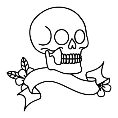 Kafatası dövmeli geleneksel siyah çizgi dövmesi.