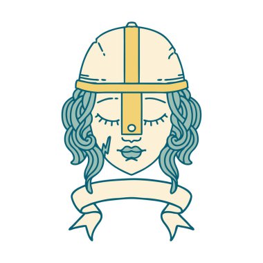 Retro Dövme Tarzı İnsan Savaşçı Karakteri Parşömen Sancağıyla