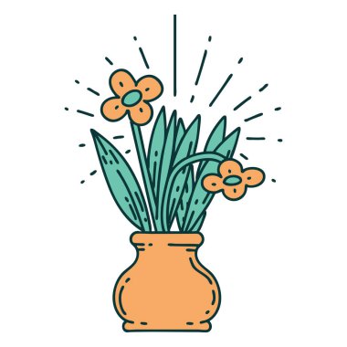 Vazoda geleneksel dövme şeklindeki çiçeklerin çizimi